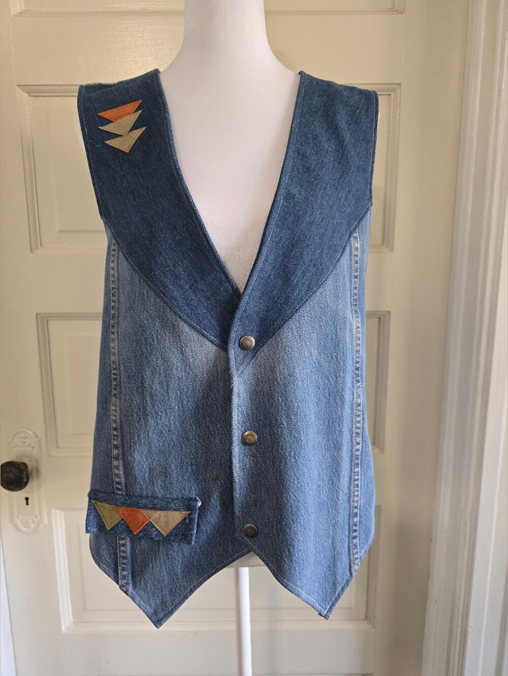 Western Denim Vest with Geometric Accent